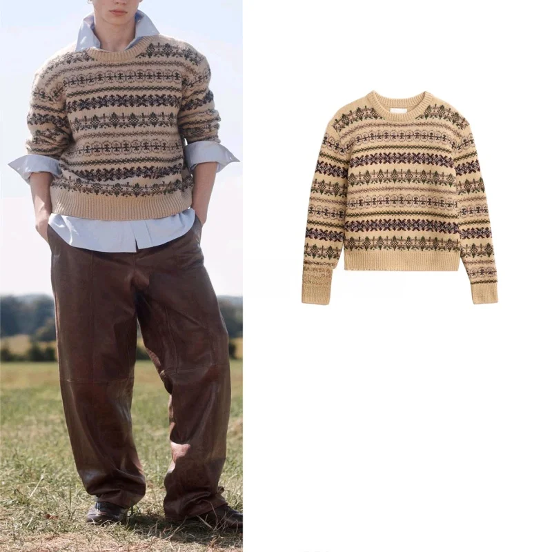 

Свободный вязаный свитер с длинными рукавами, круглым вырезом, ребристой отделкой, многослойным геометрическим узором и вышивкой, повседневный, из полиэфирного волокна