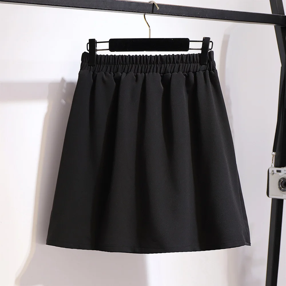 150Kg Plus Size Women's Summer Loose Pleated A-Line Skirt 5XL 6XL 7XL 8XL 9XL Solid Elastic Waist Skirt Black