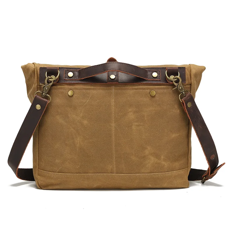Khaki Waxed Canvas Roll-Top Messenger Bag Durable Crossbody Satchel with Crazy Horse Leather Buckle Trim Shoulder Bags for Men