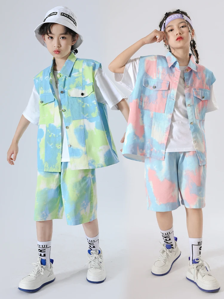 Fashion Kids Costume Hip Hop Clothing Girls Boys Loose Vest Shorts Tie-dye Suit Jazz Dance Performance Outfits Stage Wear L10821