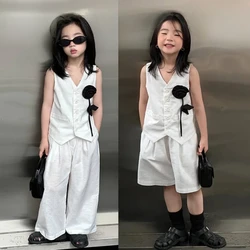 Children's White Suit 2024 Summer New Vest Trousers 2 Pieces Simple Elegance Thin Teenage Boys Girls Clothing Set 10 12 13 Years