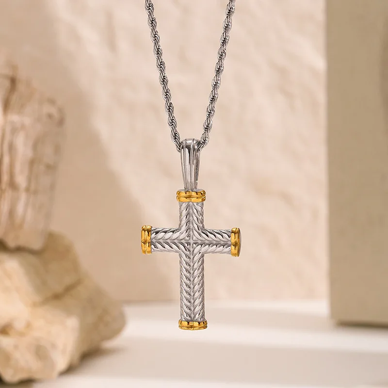Lucky Blessing Retro 3d Cross Pendant Necklace For Men Women Stainless Steel Smooth Surface Twisted Chain All Match Trendy Fashi