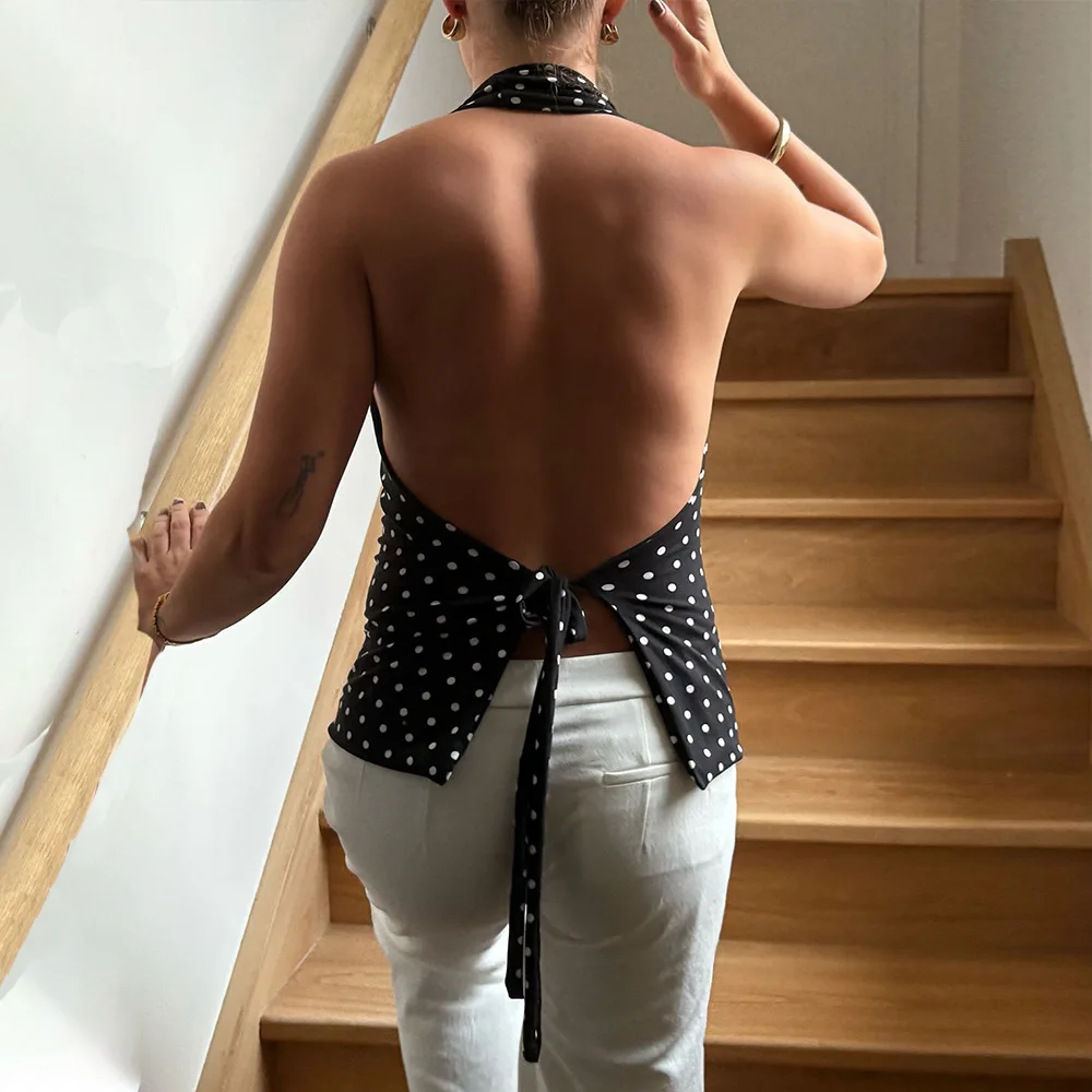 Ins Style Summer Polka Dot V-Neck Camisole Sexy Waist-Cinching Sleeveless T-Shirt 2025