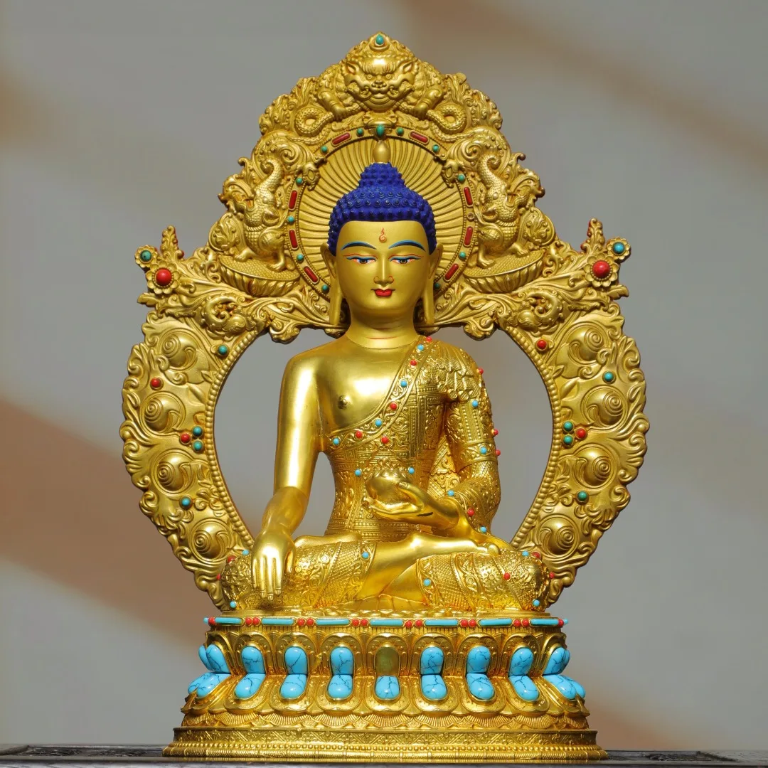 Old Bronze High Relief Gilded Painted Face Mosaic Gem Shakyamuni Standing Buddha Backlight Amitabha Worship Hall Town house