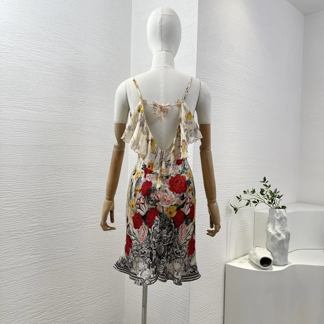 Hochwertiges Seiden weiß Rot Rose Blume Schmetterling Print ärmelloses tiefes V-Ausschnitt rücken freies Mini kleid