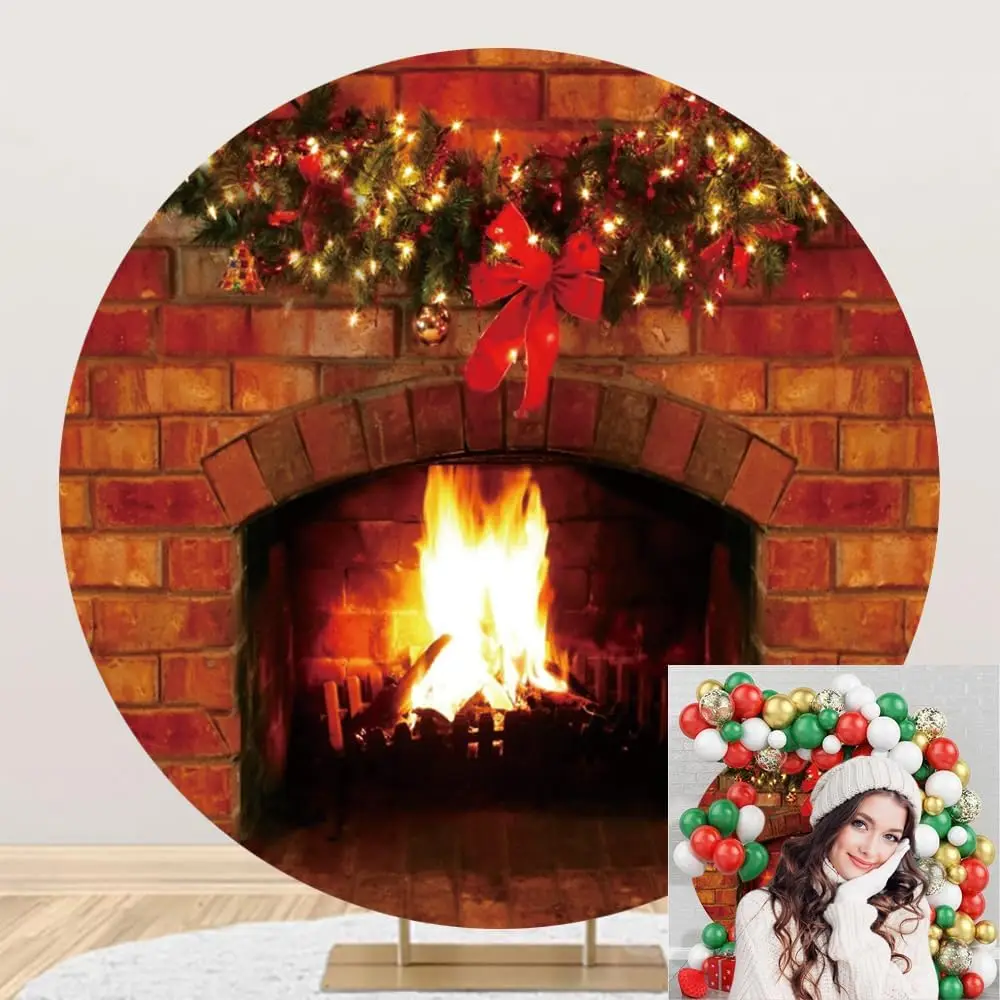 Christmas Round Backdrop Cover Christmas Fireplace Photography New Year\'s Eve Family Party Decor Circular Background Studio Prop