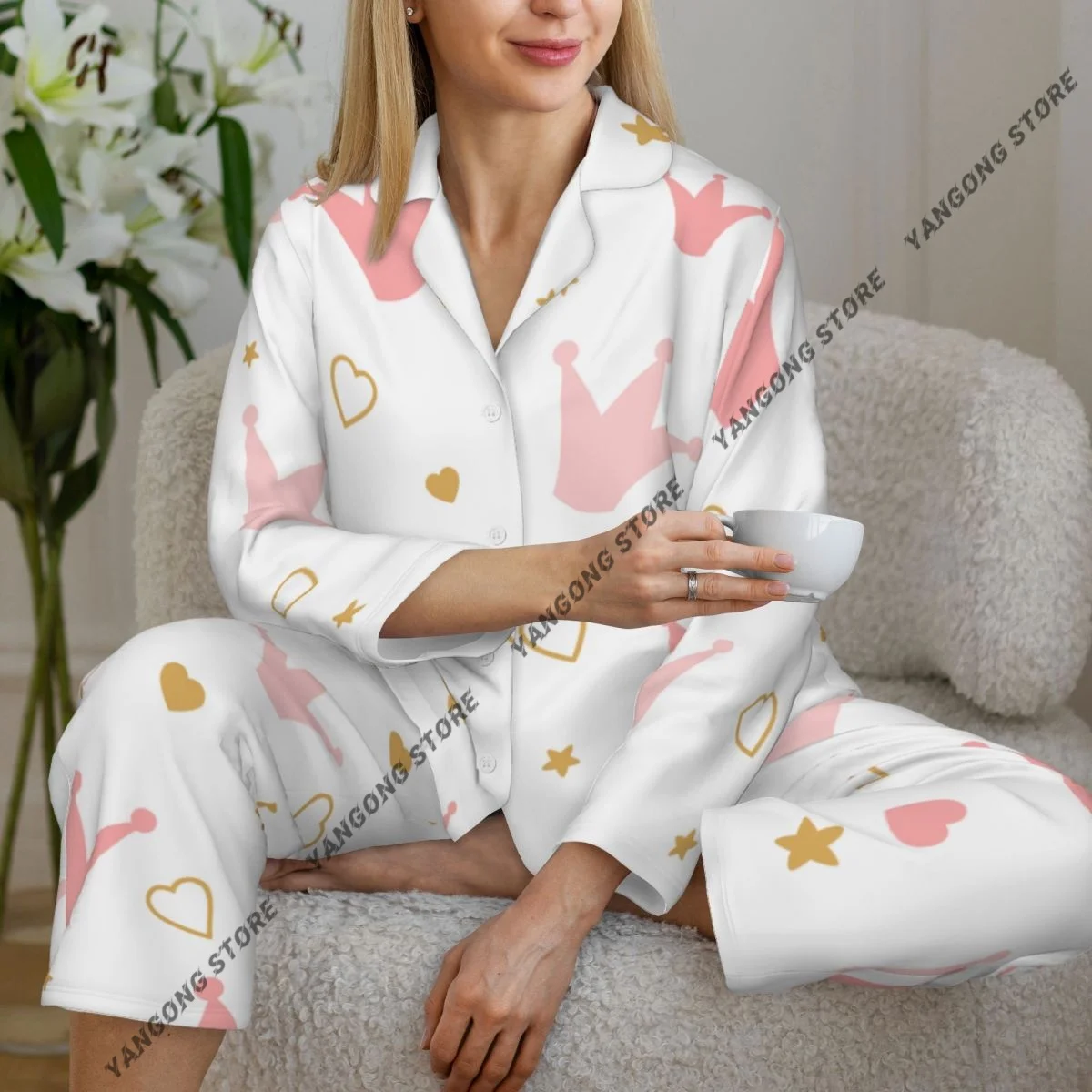 

Женские пижамы с розовыми коронами и сердечками, одежда для дома, одежда для сна из двух предметов, длинный пижамный комплект на пуговицах с длинными рукавами