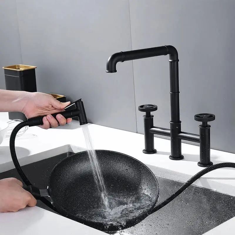 Industrial Pipe Style Bridge Sink Faucet Centerset Black Kitchen Faucet