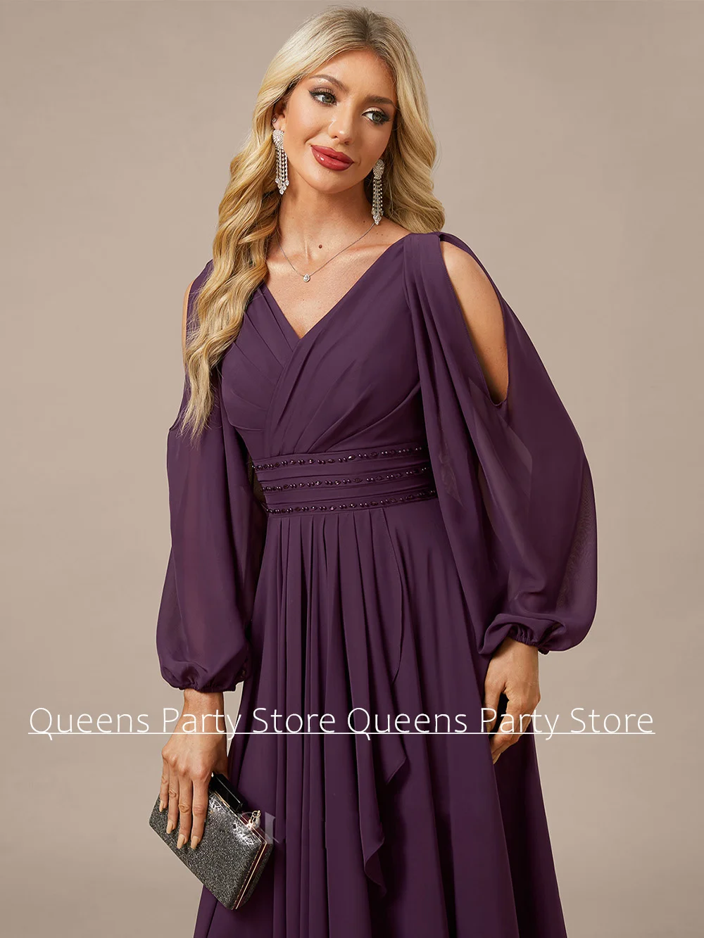 Lila Mutter der Braut Kleid Frau Abend Party Kleid Maßgeschneiderte Puffärmel Perlen Chiffon A-Linie Hochzeitsgast Kleider