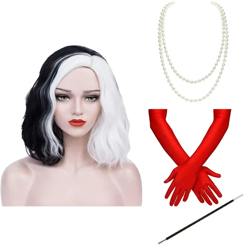 Cruella Deville De Vil parrucca nera bianca per capelli Deville capelli corti ricci ondulati resistenti al calore Cosplay parrucche di Halloween guanti puntelli