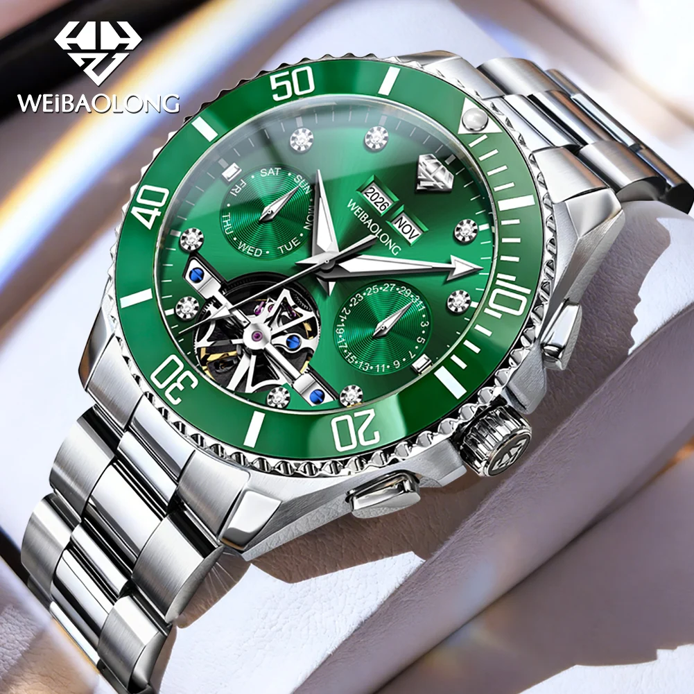 WEiBAOLONG 3813 Men Mechanical Movement Watch Genuine Diamonds Chronograph Luminous Display Stainless Steel 50m Waterproof Watch