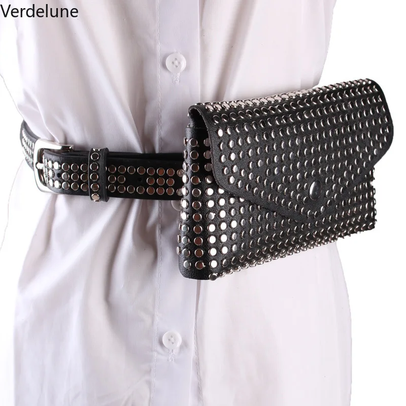 ファッションリベットウエストパック高級デザイナーパック小さな女性ウエスト電話ポーチパンク財布ブラックゴシックスタッズ付き多用途ハロウィン