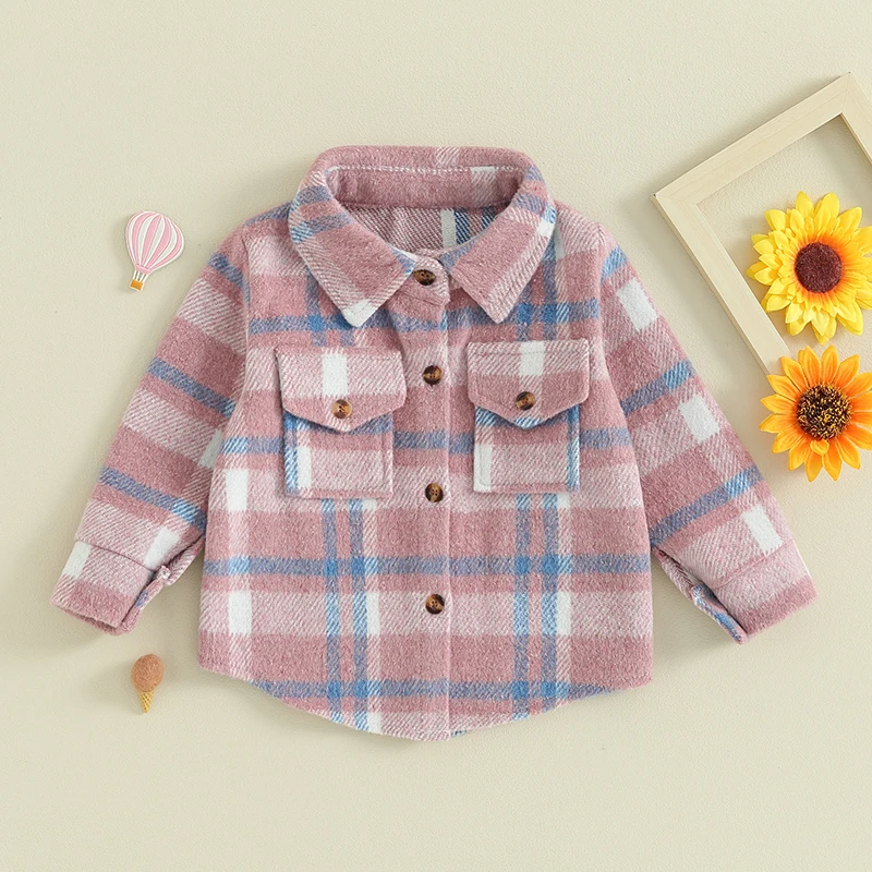 FOCUSNORM 0-4Y Toddler Kids Boys Girls Wool Jackets 3 Colors Long Sleeve Plaid Print Flannel Button Down Shirts Coats