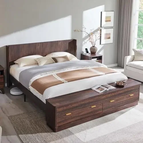 Fluted King Size Bed Frame with Wingback Headboard, Footboard Storage Bench with Built-in Drawers & Lift-Up