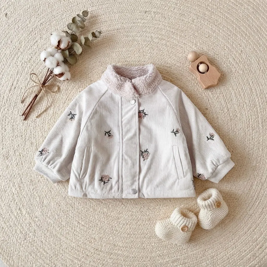 Toddler Baby Girl Winter Coat Sweet Flower Embroidery Corduroy Outer Fleece Lining Stand Collar Snap Button Jacket