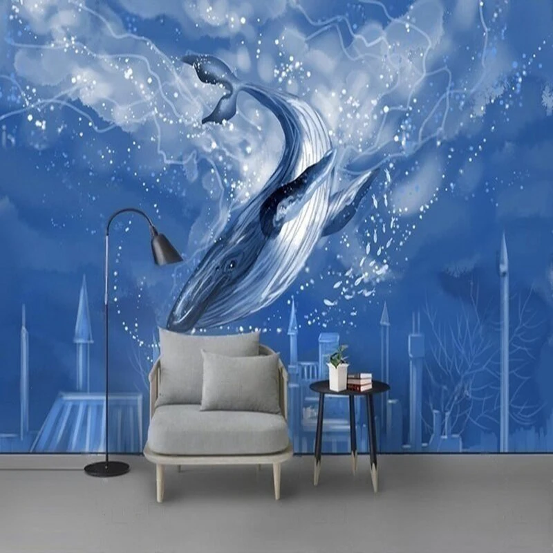 

Customized Wall Mural Modern Hand-Painted Cartoon Whale Pattern Background Wallpaper for Living Room Nursery Kids Room Home Deco