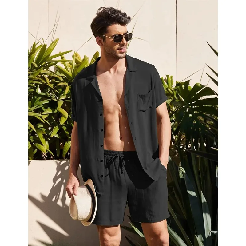 

Summer Cotton Linen Shirt Set Men's Casual Outdoor 2-Piece Suit Andhome Clothes Pajamas Comfy Breathable Beach Short Sleeve Sets
