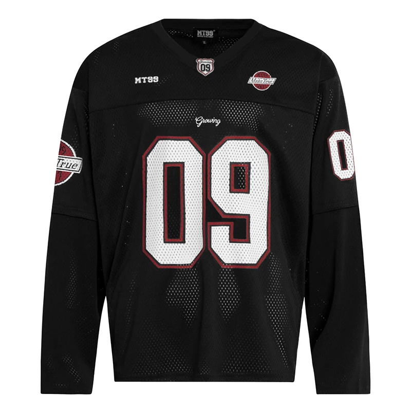 

Men's Hip Hop Mesh Jersey Shirt Long Sleeve 09 Number Patchwork Loose Fit 2025 Streetwear Oversized Sport Style Top Clothing