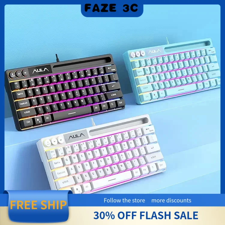 AULA Mini Wired Gaming Keyboard 64keys Rgb Backlight F3061 Mechanical Touch Keyboard Esports Gaming Portable Office For Desktop