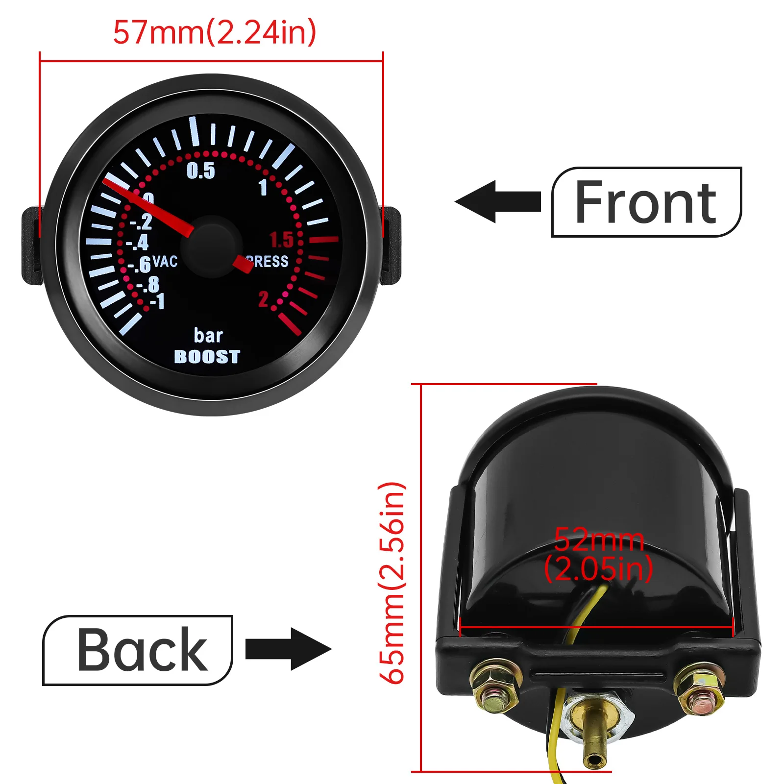 Turbo Boost Gauge -1 To 2 Bar -30-30 PSI In.Hg White LED Black Face 52mm Car Boost Meter with Sensor for Gasoline Racing Car 12V