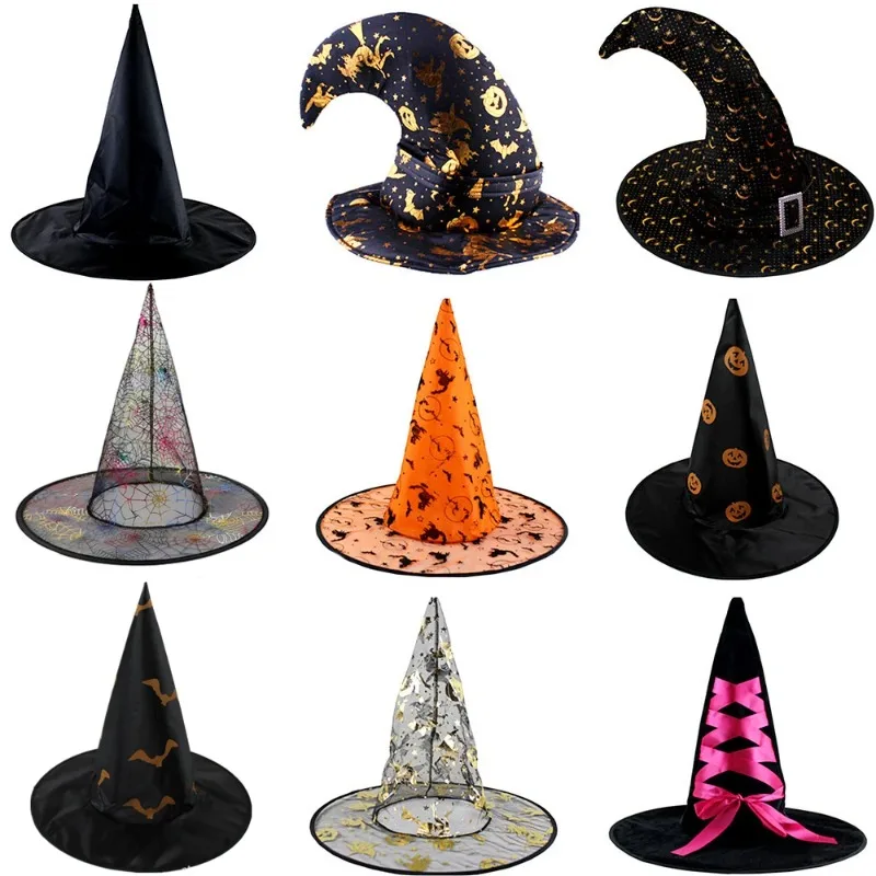 Halloween Witch Hat Black Spider Skull Anime Witch Head Party Costume Accessories Women's Wide Edge Foldable Pointed Hat