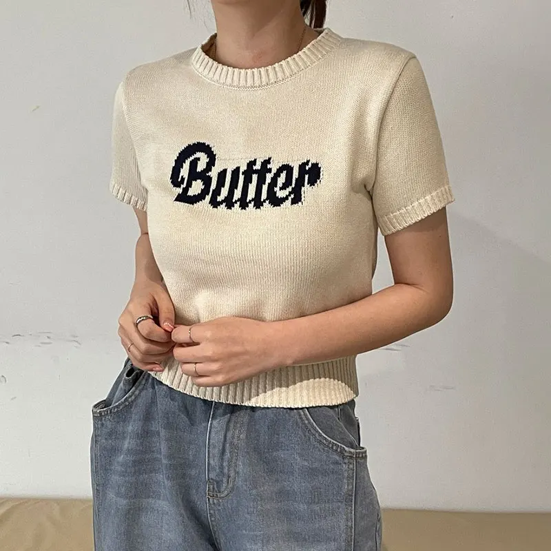 

Chic Summer Simple round Ne Color Blo Letter Knitwear ort Sve Women's Top Korean Sle Commute Regular Fit Knitted S...