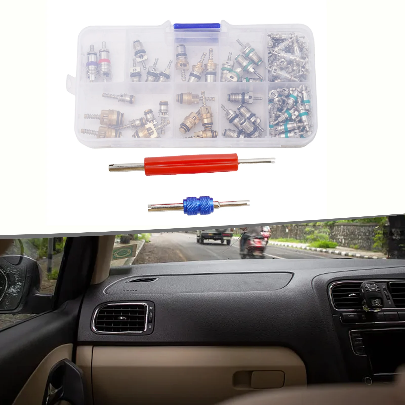 Professional For R134a and R12 AC Valve Core Tool Set with 100 Cores and 2 Essential Tools for Car Maintenance