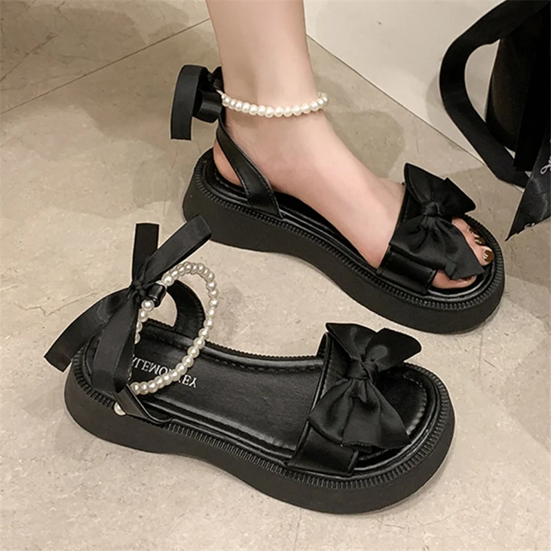 Med Bow Shoes Clear Heels Clogs Wedge 2024 Sandals Suit Female Beige Medium Comfort Thick Platform New Black Girls Gladiator Fas