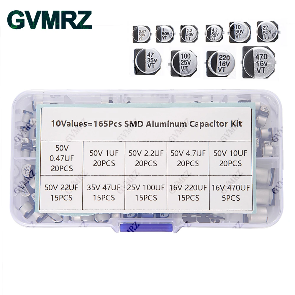 

165 шт., 10 значений, SMD, алюминиевый электролитический конденсатор, образец коробки-ассорти, комплект для ремонта электроники своими руками