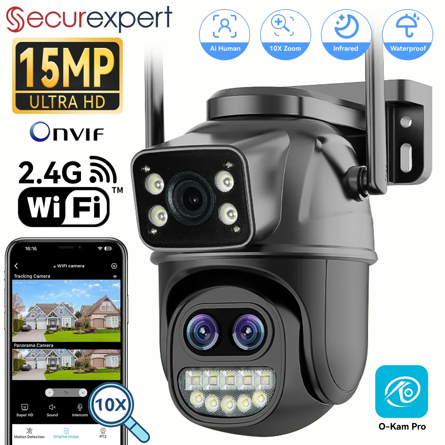�y�Z�[�����zSecurexpert 15MP WiFi �Z�L�����e�B�J���� PTZ ���O�f���A���X�N���[�� 10X �Y�[�� �l�Ԍ��o 10MP �Ď��r�f�I�J���� O-Kam Pro