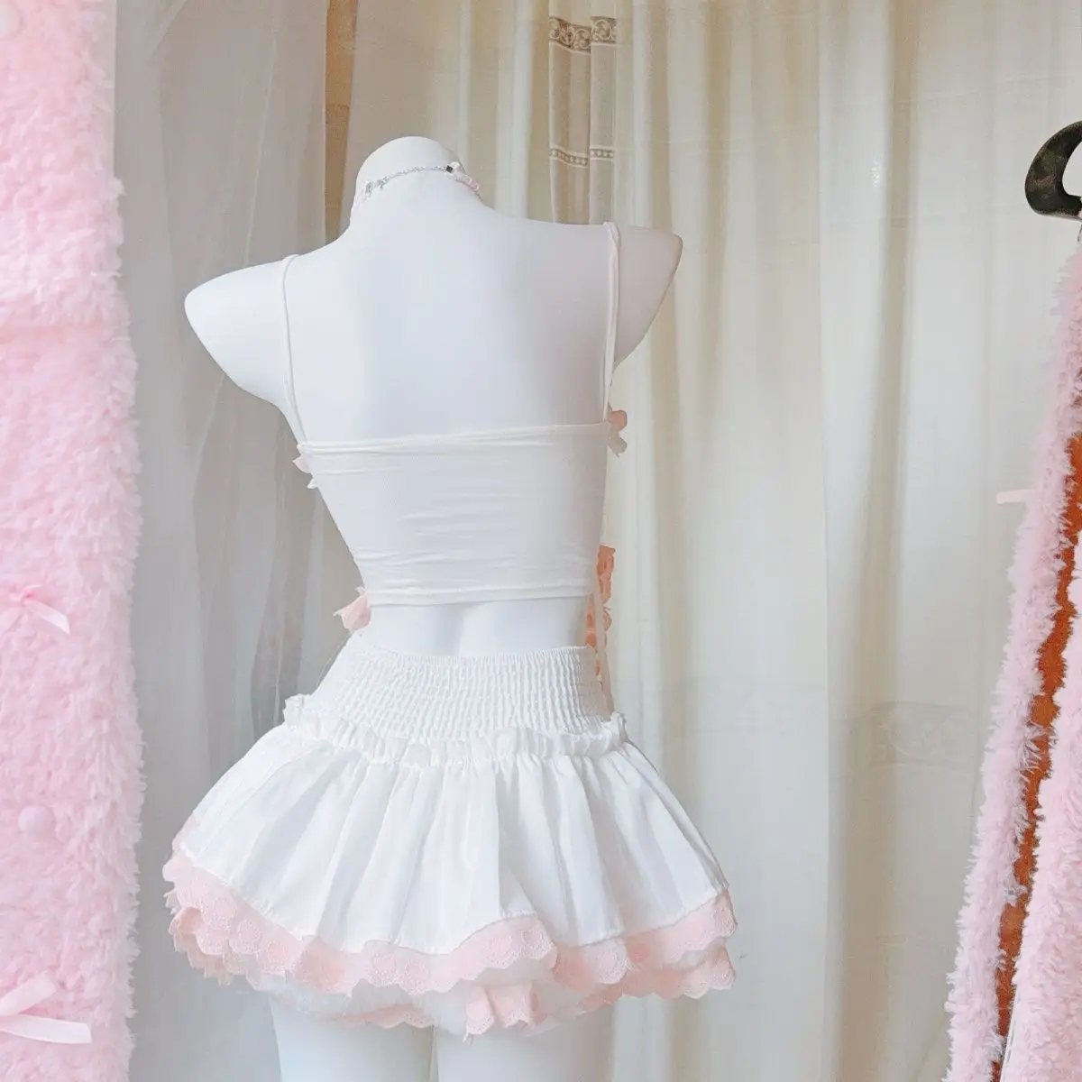 Canotta irregolare con fiocco staccabile + minigonna a vita sottile Set da due pezzi per ragazza dolce Abiti Y2k Primavera Nuovi set di gonne originali