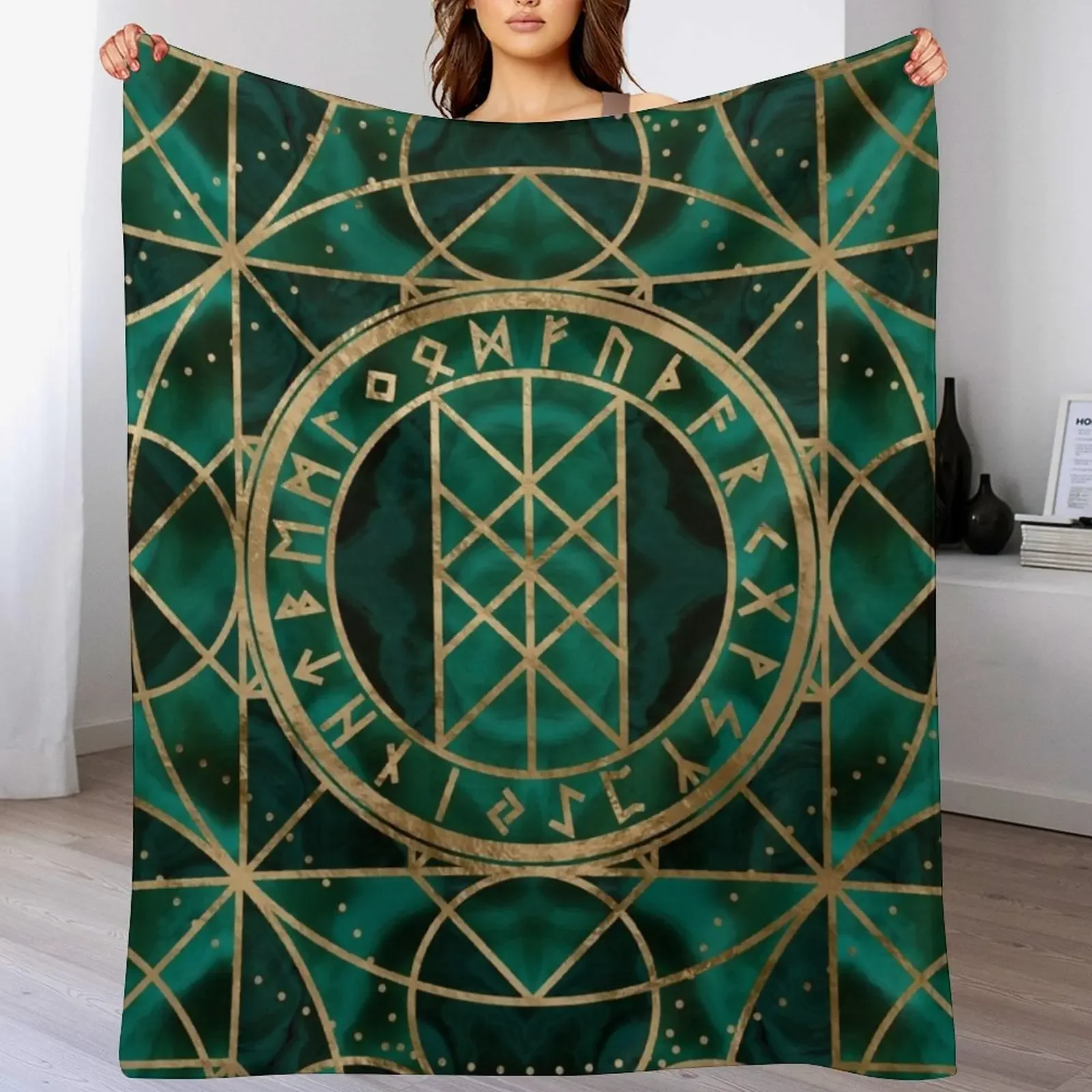 Web of Wyrd The Matrix of Fate - Gold and Malachite Throw Blanket Single Large Thermals For Travel Blankets