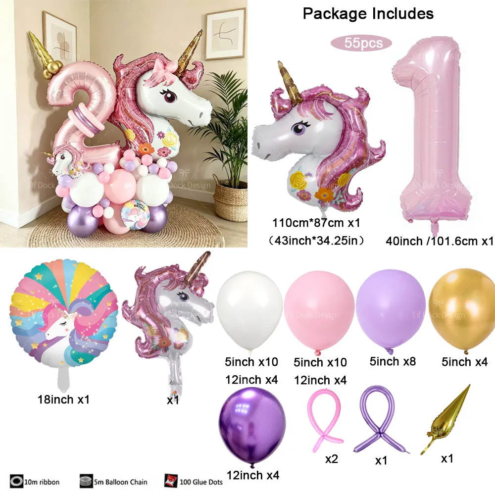 55pcs Rainbow Unicorn Pink Numbers 1-9 Pink Unicorn Balloon Set Girls Unicorn Theme Birthday Party Room Decorations Supplies