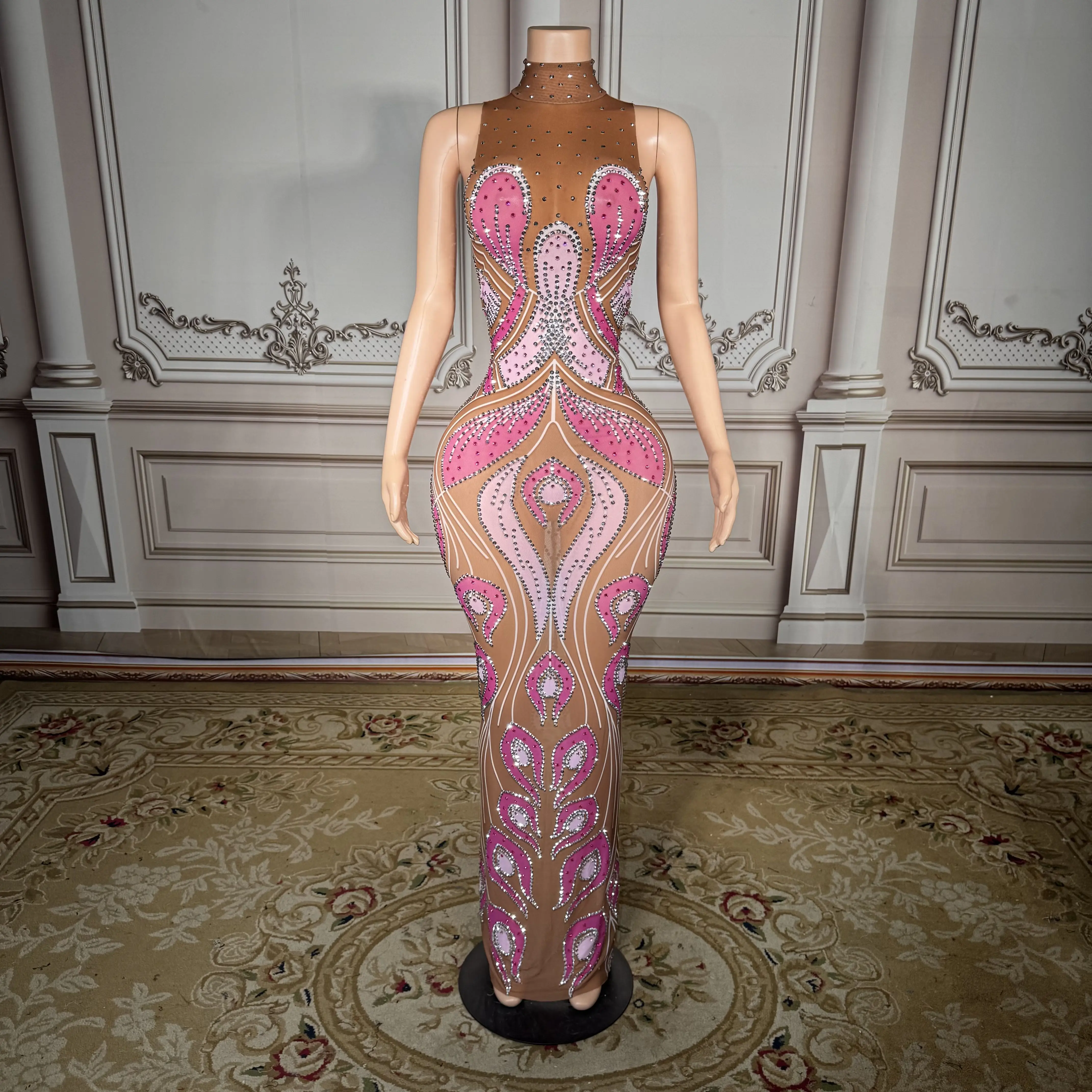 ZD Glamour Robe longue sirène en cristal rose – Robe de soirée moulante transparente sans manches avec strass pour femme,