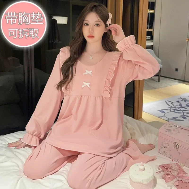 Plus Size Bow Sweet Velvet Pajamas set with Chest Pad Women Autumn Winter Solid Long Sleeve Loose Loungewear Home Clothes Outfit