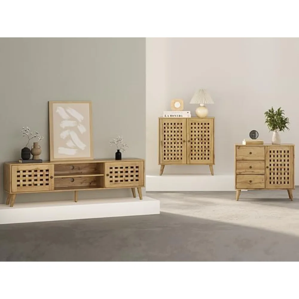 Supporto TV in rattan con design scanalato per TV da 65 pollici - Centro di intrattenimento portaoggetti, mobile console multimediale