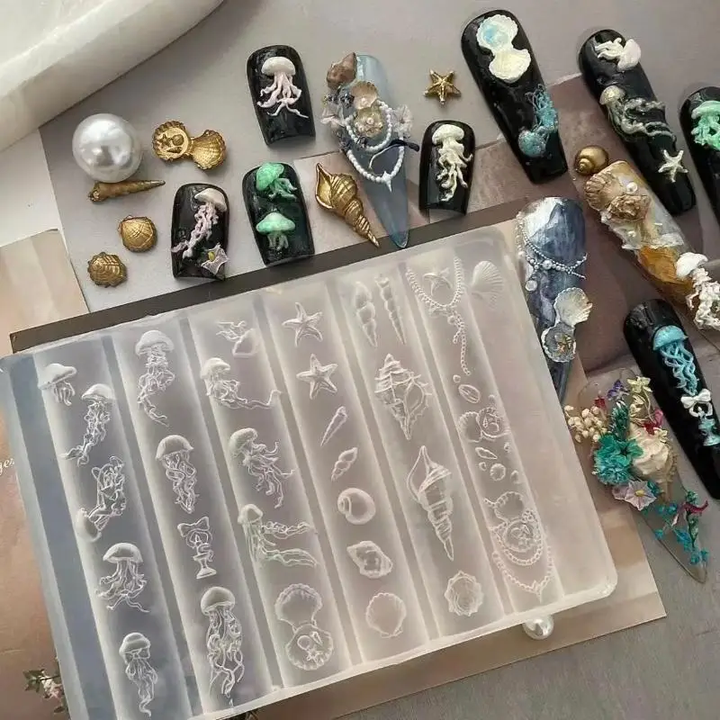 Stampo per unghie in silicone 3D serie Ocean per unghie Medusa Stella marina Conchiglia Stampi per unghie Modelli per intaglio Disegni per unghie per manicure Parti per unghie