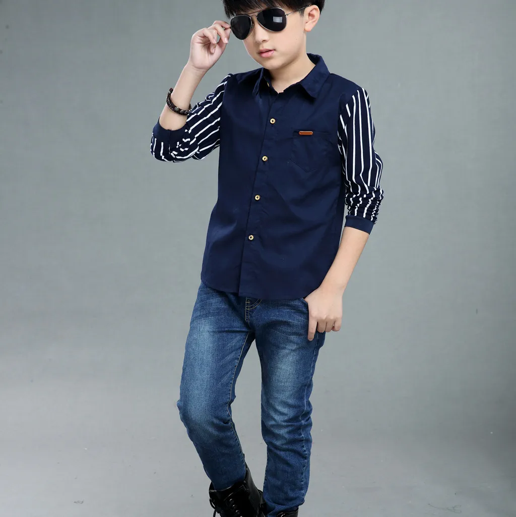 Teen Baby Kids Boys Long Sleeve Stripe Fastener Gentleman Shirt Tops Clothes