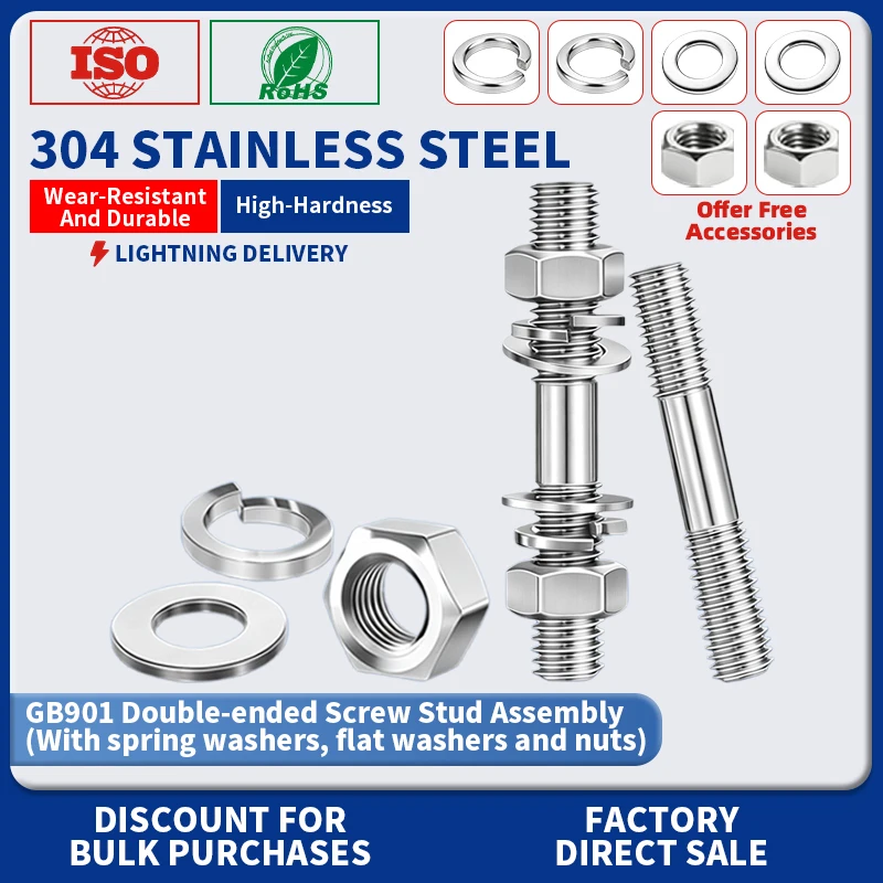 

304 Stainless Steel Double End Stud Bolt Set M6 M8 M10 M12 M14 M16 With Nuts Flat Spring Washers Hardware Kit GB901