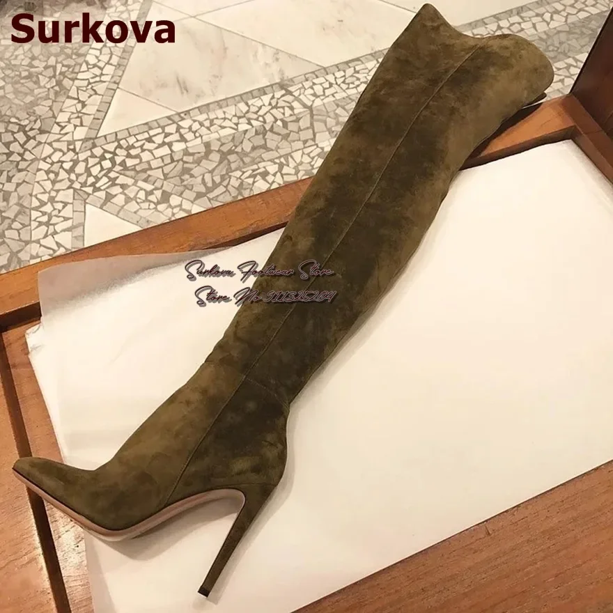 Surkova Military Green Suede Stiletto Heel Over The Knee Boots Pointed Toe Splited Thigh High Boots Women Elegant Zipped Shoes