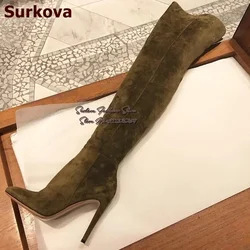 Surkova Military Green Suede Stiletto Heel Over The Knee Boots Pointed Toe Split Thigh High Boots Women Elegant Zipped Shoes