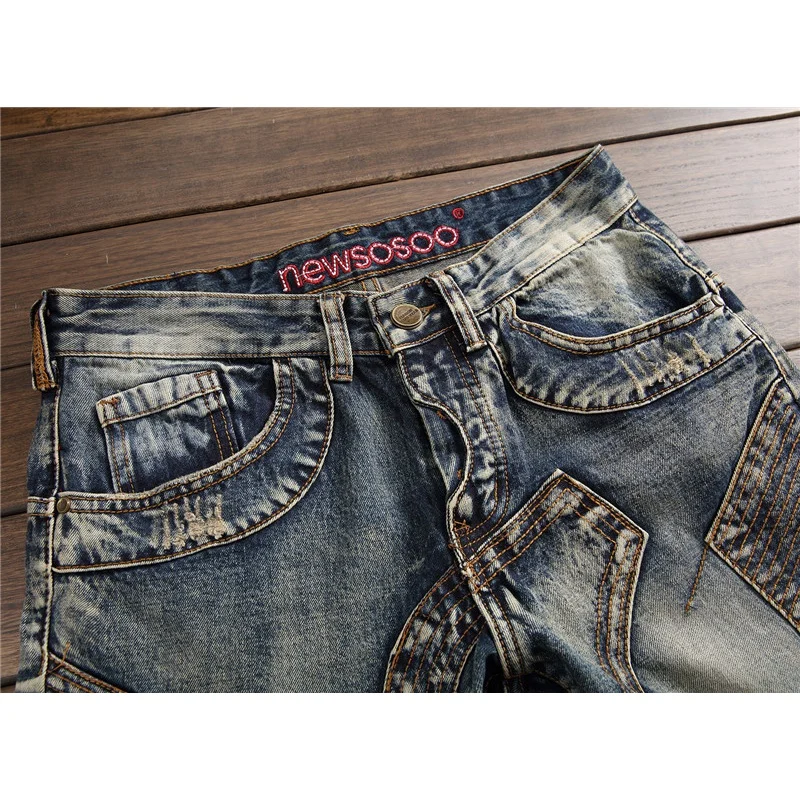 Motorcycle Jeans Men's Retro Distressed Stitching Street Trend Slim Fit Skinny Handsome Cool Men's Skinny Trousers