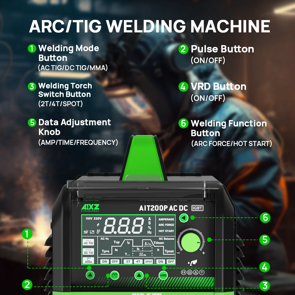 AIXZ HF TIG Welding Machine 200A AIT200P AC DC Welder With Pulse 5 in 1 IGBT Inverter ARC Stick Welder Spot TIG Aluminum Welder