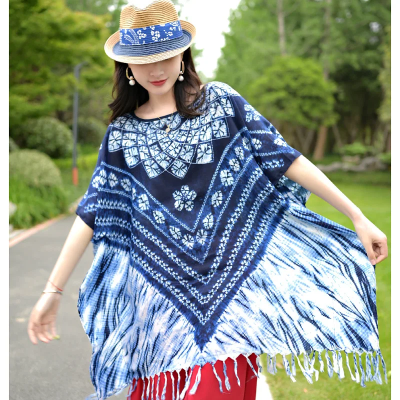 Poncho Cloak New Chinese Ethnic Style Shawl Women's Tourism Wear Decorative Pullover Cape Coat Scarf Lady Seaside Vacation Navy