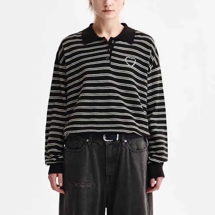 Matin Kim Spell Point Stripe Polo Shirt Knit Logo Embroidery Oversized Unisex