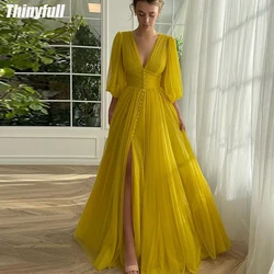 Thinyfull A-line Tulle Evening Party Dresses V-neck Three Quarter Prom Dresses Split Formal Occasion Gowns for Women 2024