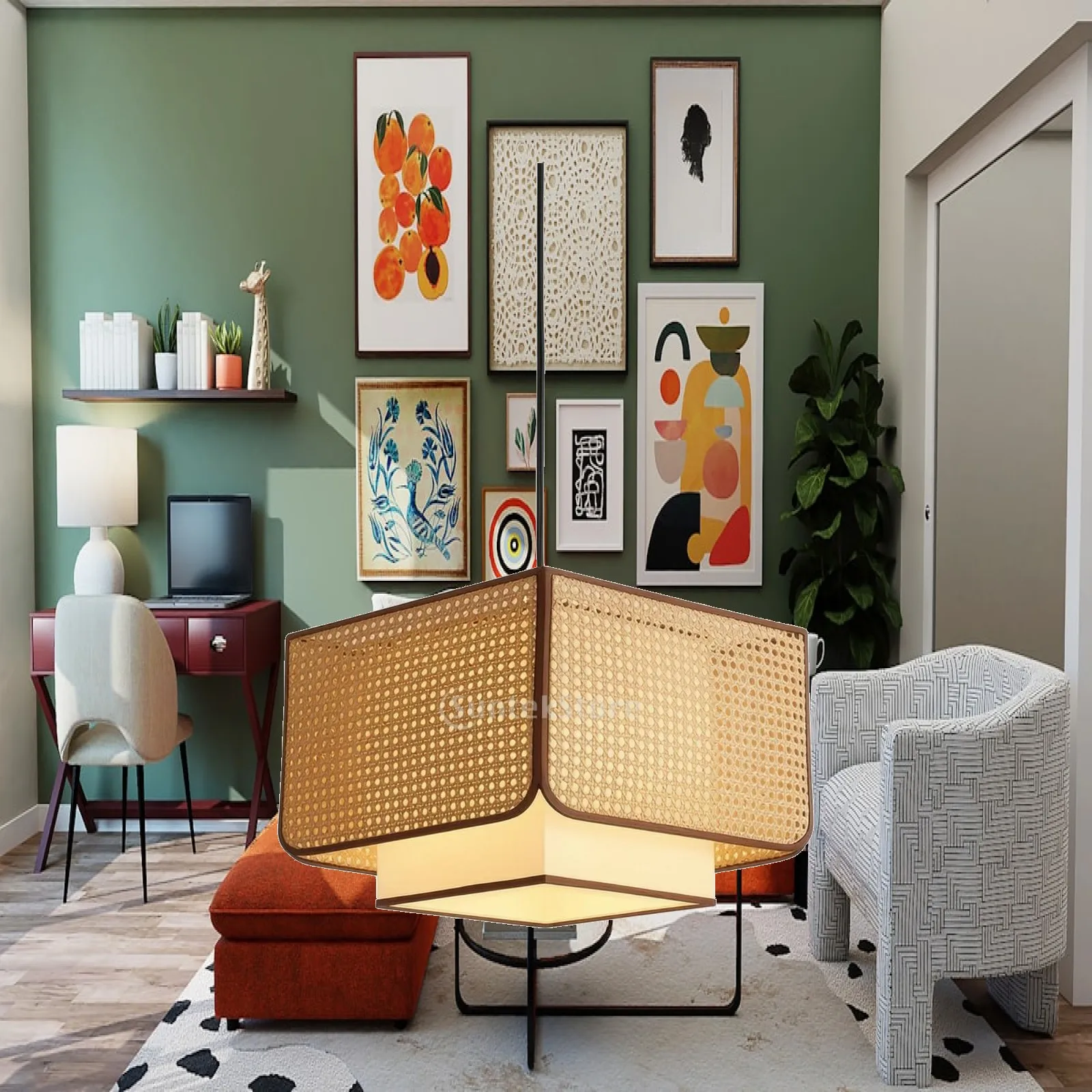 Square Rattan Pendant Ceiling Light with Textile Cover for Dining Table Warm Ambiance Home Decor