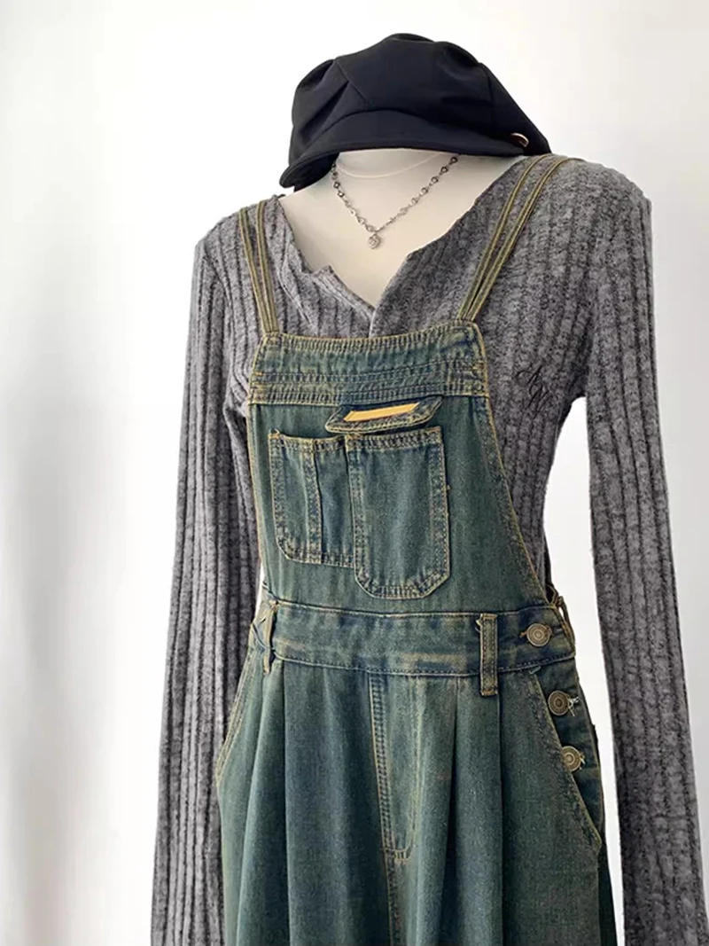 Reddachic Vintage Groene Wash Denim Jumpsuit Vrouwen Pintuck Wijde Pijpen Jeans Overalls Zomer Losse Casual Koreaanse Streetwear