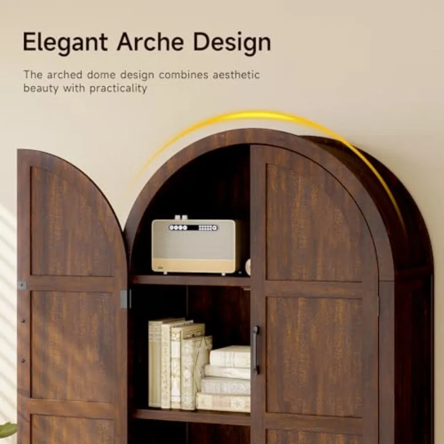 71 Tall Wooden Arched Cabinet for Kitchen Pantry Use, Natural Wood Finish with Adjustable Feet, Farmhouse Style 5-Tier Storage view 6