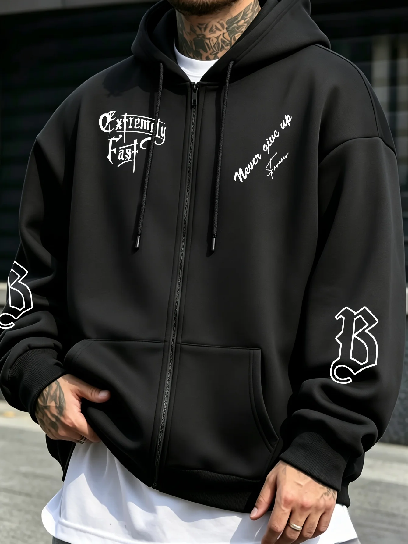 Moletom com capuz de lã com zíper masculino, estilo streetwear gótico com slogan de tatuagem, moletom vintage Y2K para treino atlético, roupa esportiv